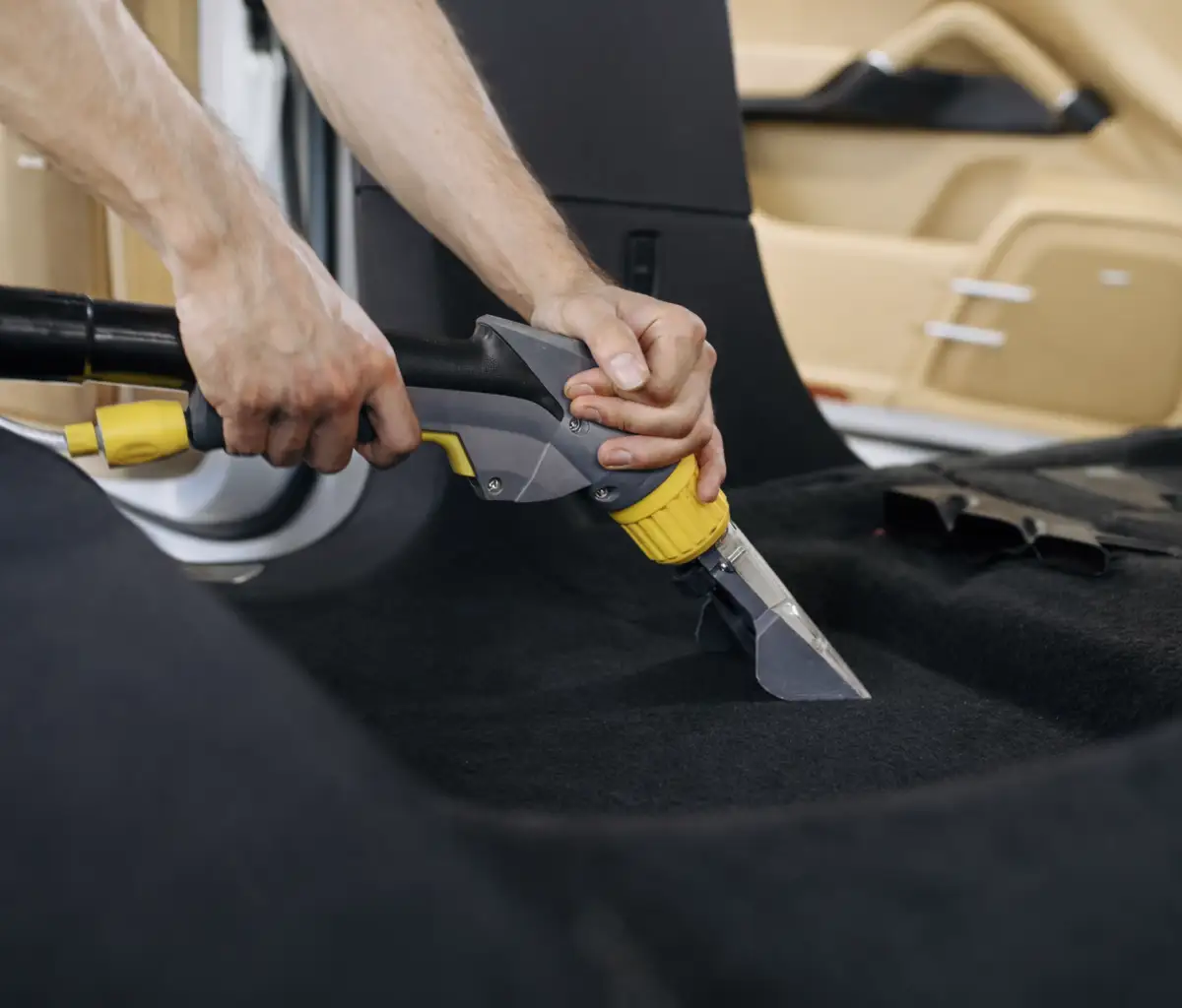 Carpet shampooing and hot water extraction interior detail